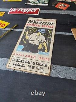 Vintage Winchester Fishing Tackle Sign Metal Corona New York Boat Lake Bait RARE