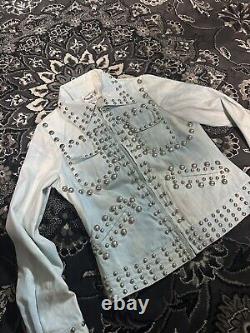 Vtg. Rare 70's Roncelli Silver Studded Baby Blue Rock Glam Zip Up Jacket Size 9