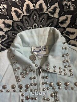 Vtg. Rare 70's Roncelli Silver Studded Baby Blue Rock Glam Zip Up Jacket Size 9