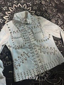 Vtg. Rare 70's Roncelli Silver Studded Baby Blue Rock Glam Zip Up Jacket Size 9